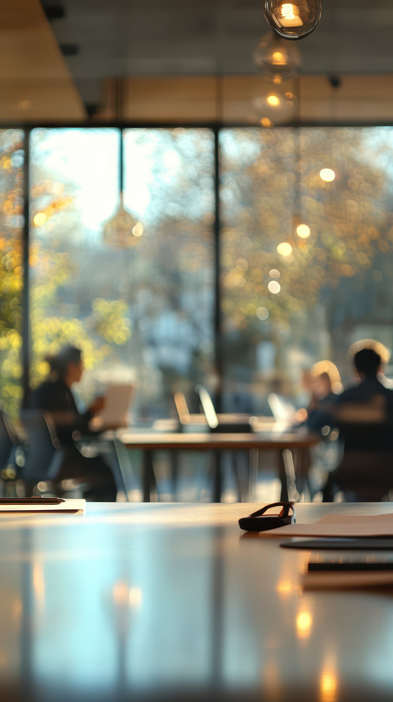 Group of people working on laptops in a bright modern workspace during a sunny day